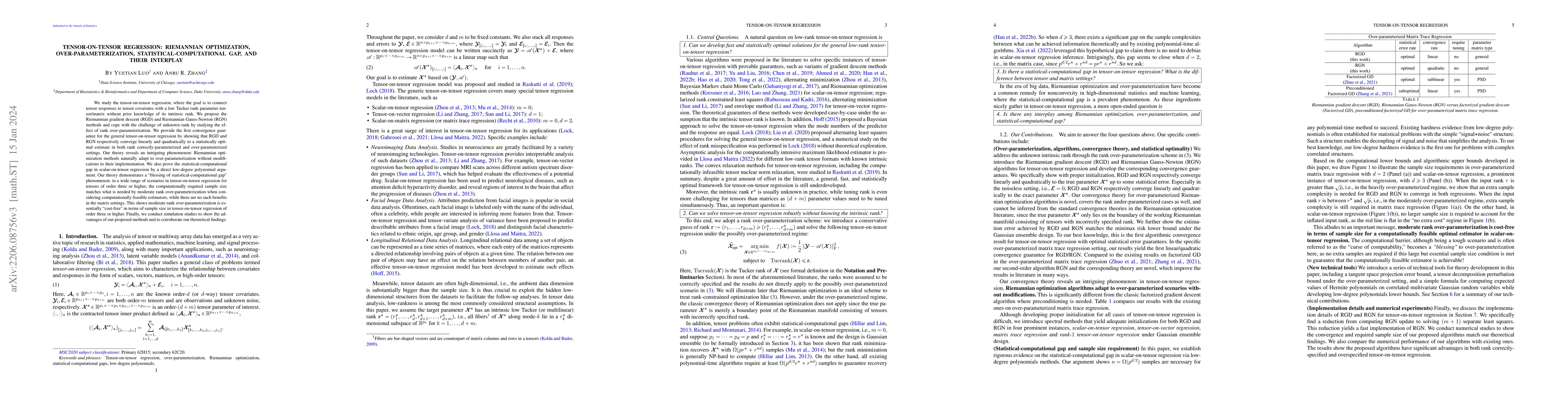 Thumbnail for Tensor-on-Tensor Regression: Riemannian Optimization,
  Over-parameterization, Statistical-computational Gap, and Their Interplay