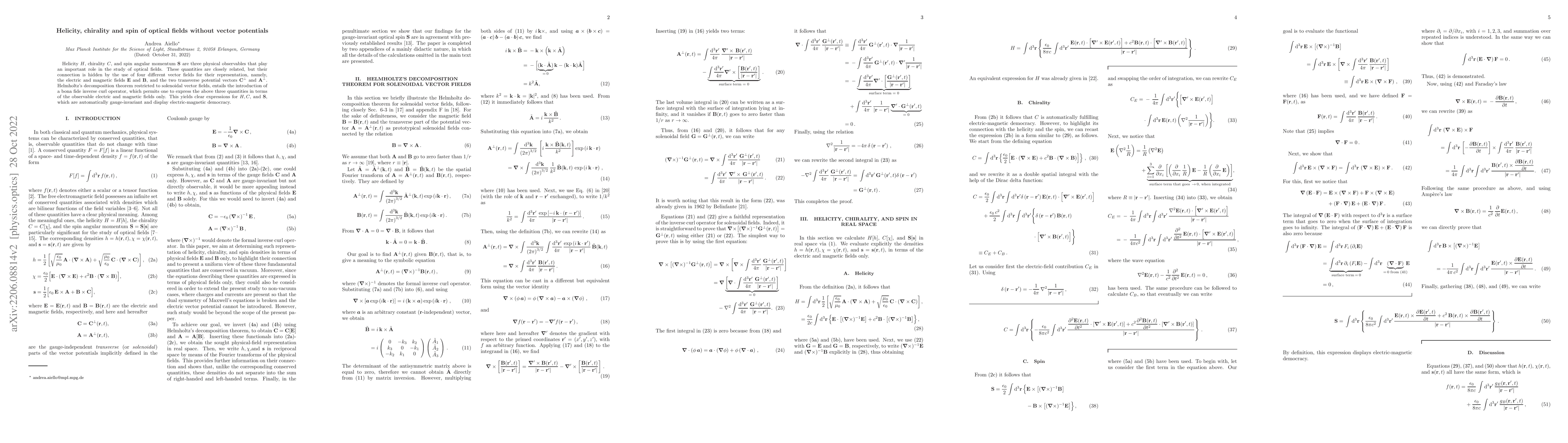 Thumbnail for Helicity, chirality and spin of optical fields without vector potentials