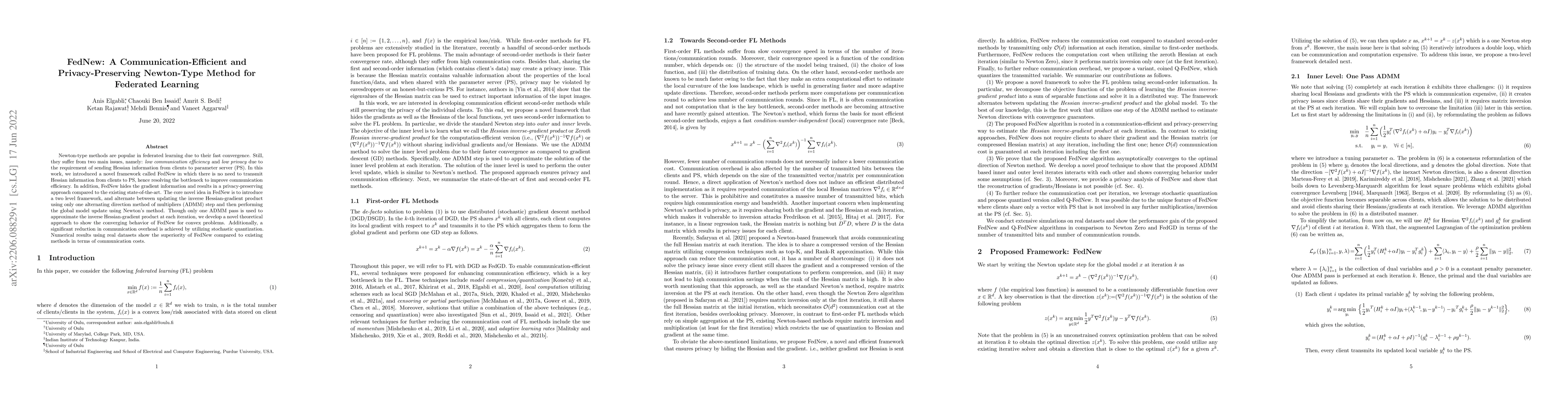 Thumbnail for FedNew: A Communication-Efficient and Privacy-Preserving Newton-Type
  Method for Federated Learning