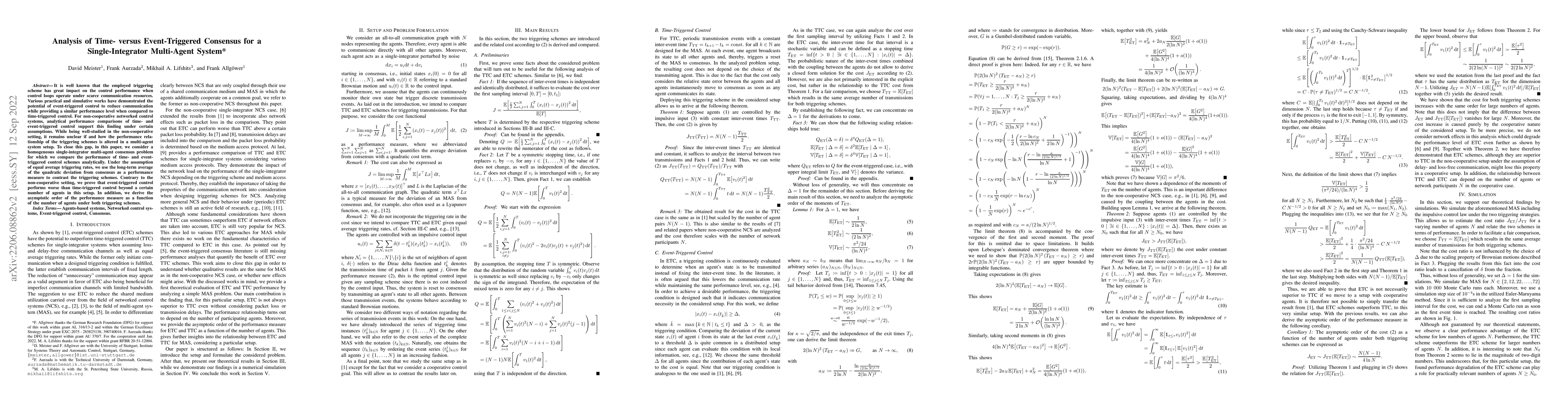 Thumbnail for Analysis of Time- versus Event-Triggered Consensus for a
  Single-Integrator Multi-Agent System
