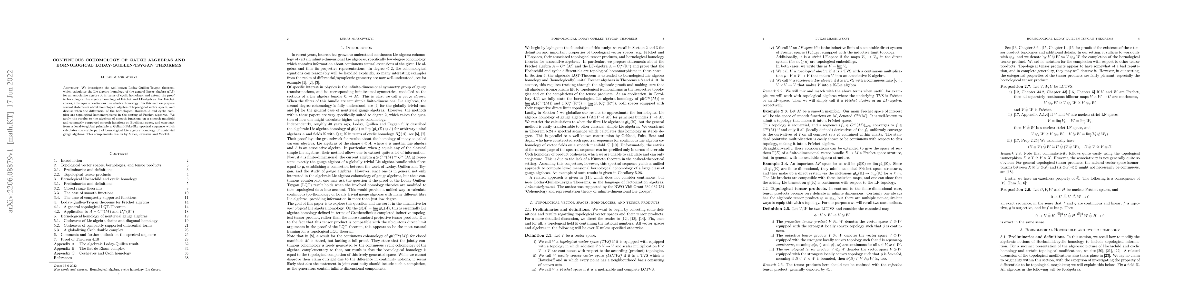 Thumbnail for Continuous cohomology of gauge algebras and bornological
  Loday-Quillen-Tsygan theorems
