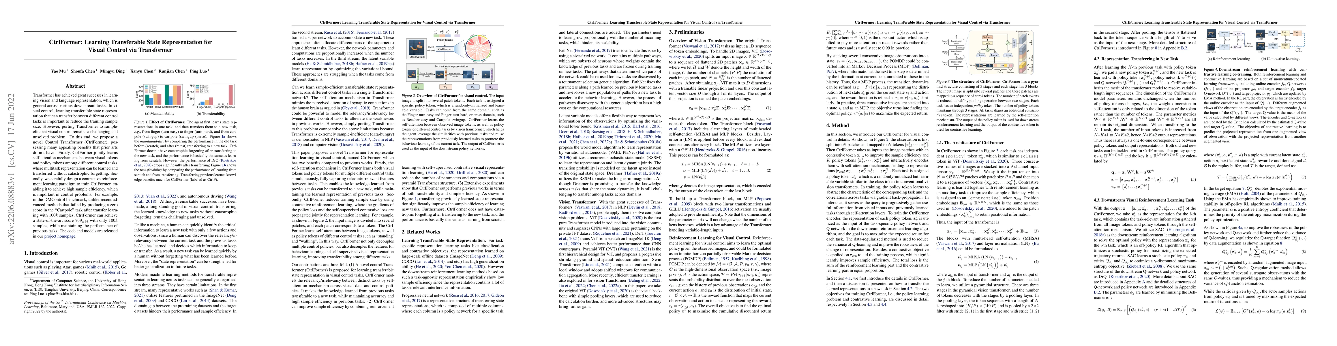 Thumbnail for CtrlFormer: Learning Transferable State Representation for Visual
  Control via Transformer
