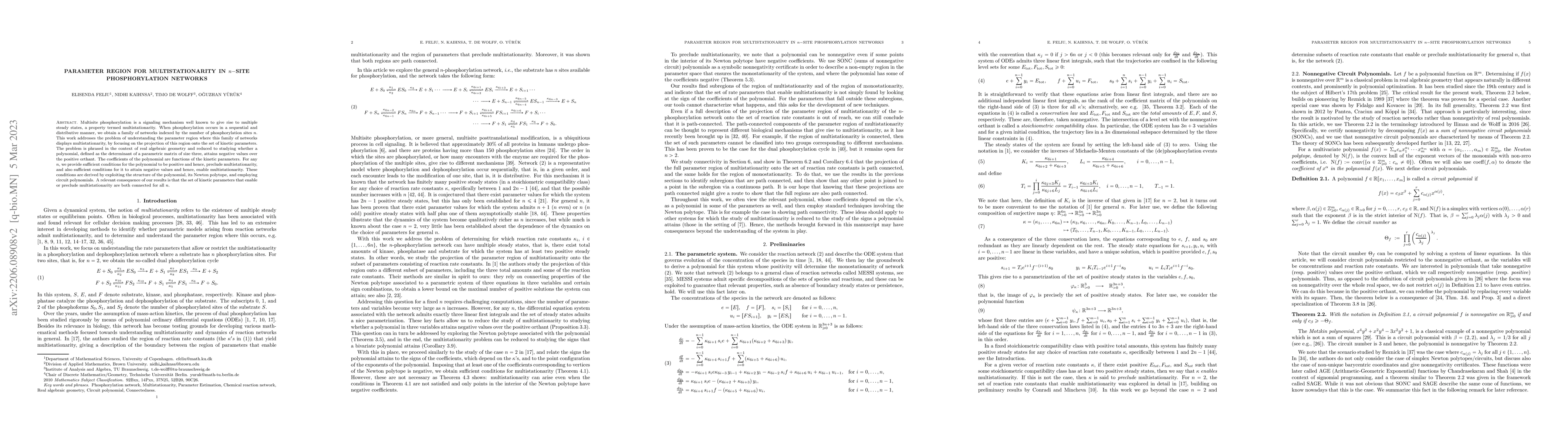 Thumbnail for Parameter region for multistationarity in $n-$site phosphorylation
  networks