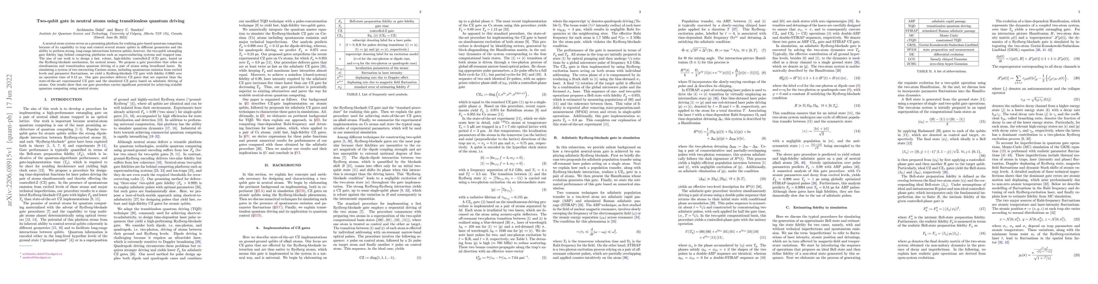 Thumbnail for Two-qubit gate in neutral atoms using transitionless quantum driving