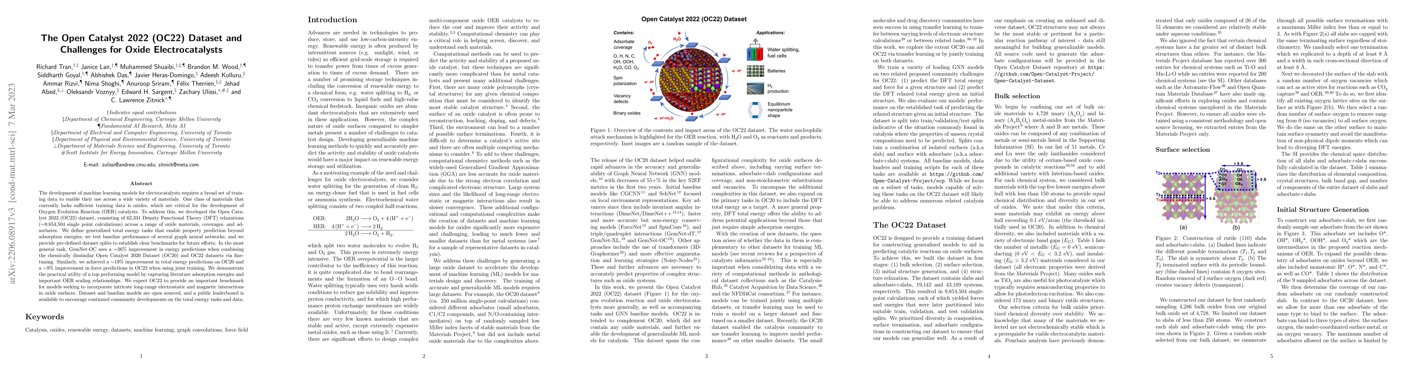 Thumbnail for The Open Catalyst 2022 (OC22) Dataset and Challenges for Oxide
  Electrocatalysts