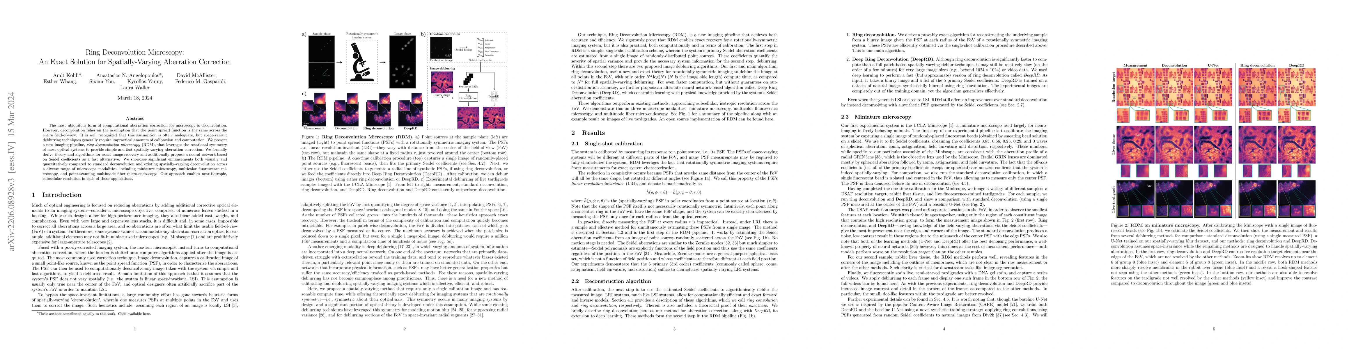 Thumbnail for Ring Deconvolution Microscopy: An Exact Solution for Spatially-Varying
  Aberration Correction