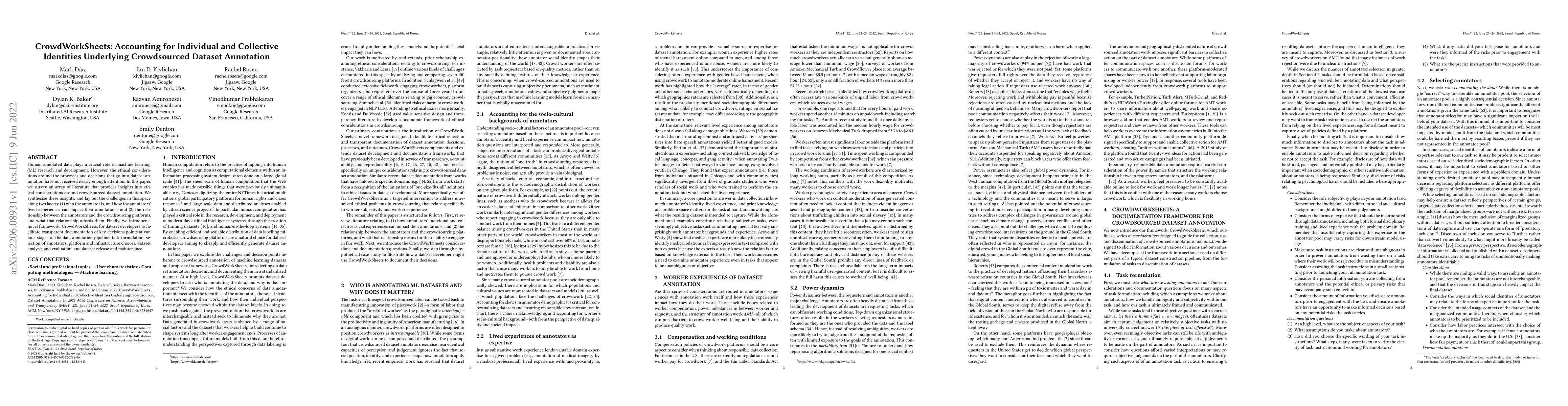 Thumbnail for CrowdWorkSheets: Accounting for Individual and Collective Identities
  Underlying Crowdsourced Dataset Annotation