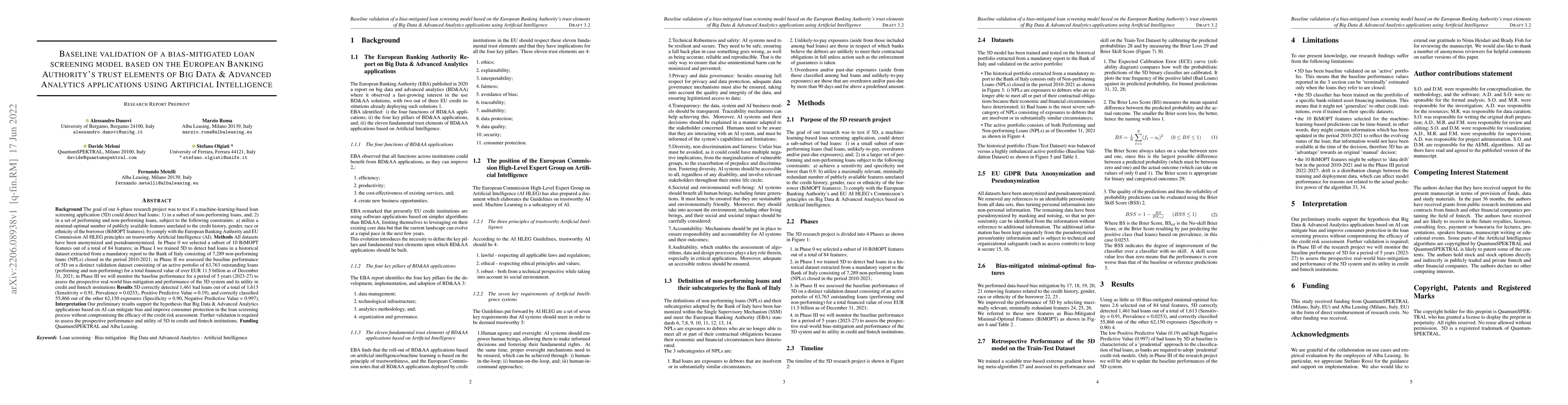 Thumbnail for Baseline validation of a bias-mitigated loan screening model based on
  the European Banking Authority's trust elements of Big Data & Advanced
  Analytics applications using Artificial Intelligence