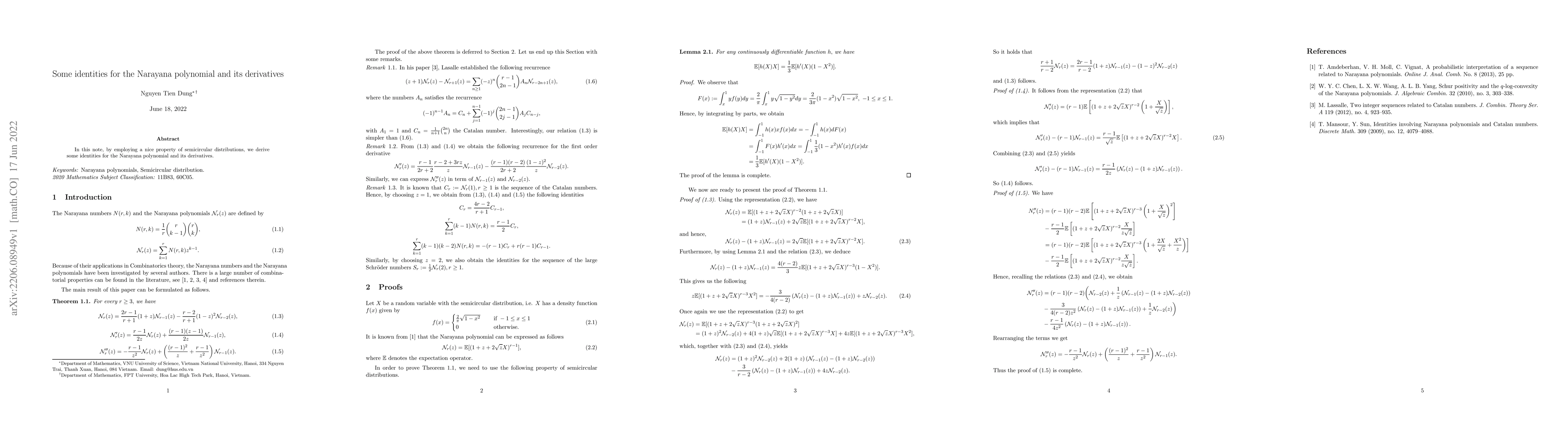 Thumbnail for Some identities for the Narayana polynomial and its derivatives