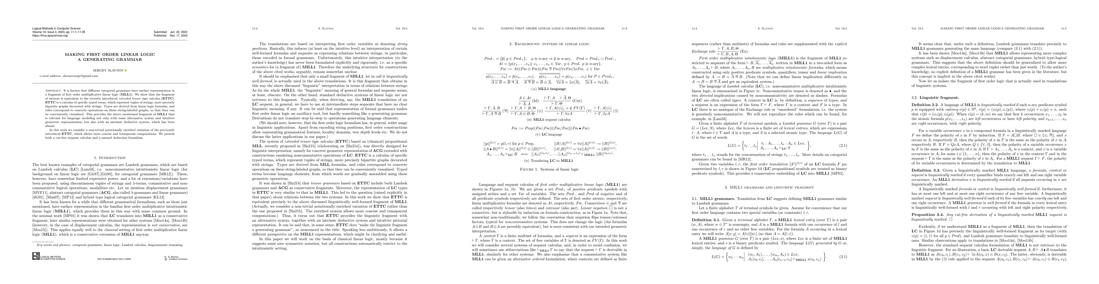 Thumbnail for Making first order linear logic a generating grammar