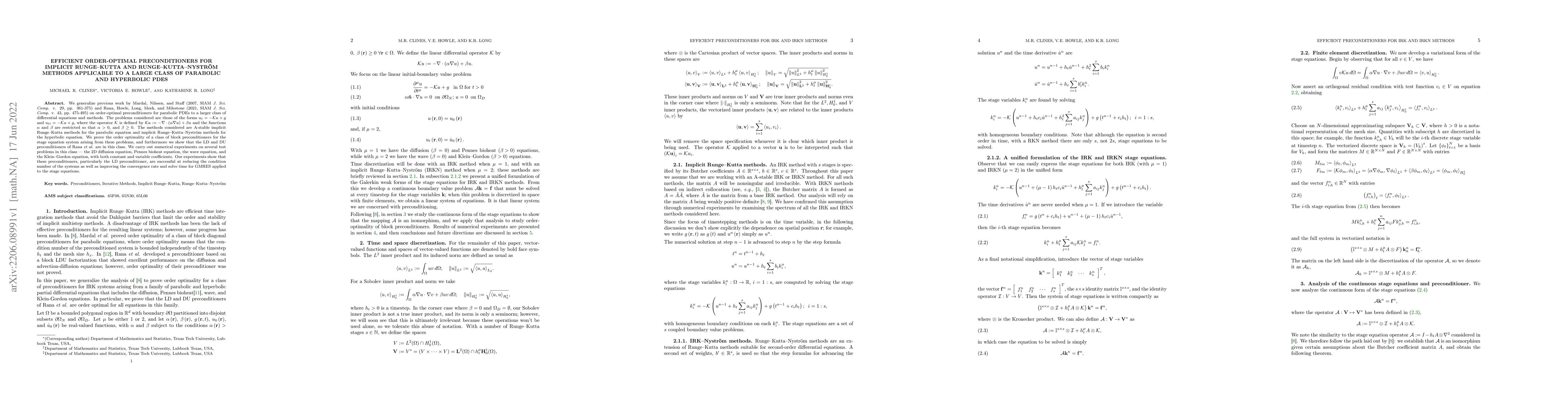 Thumbnail for Efficient Order-Optimal Preconditioners for Implicit Runge-Kutta and
  Runge-Kutta-Nystr\"om Methods Applicable to a Large Class of Parabolic and
  Hyperbolic PDEs