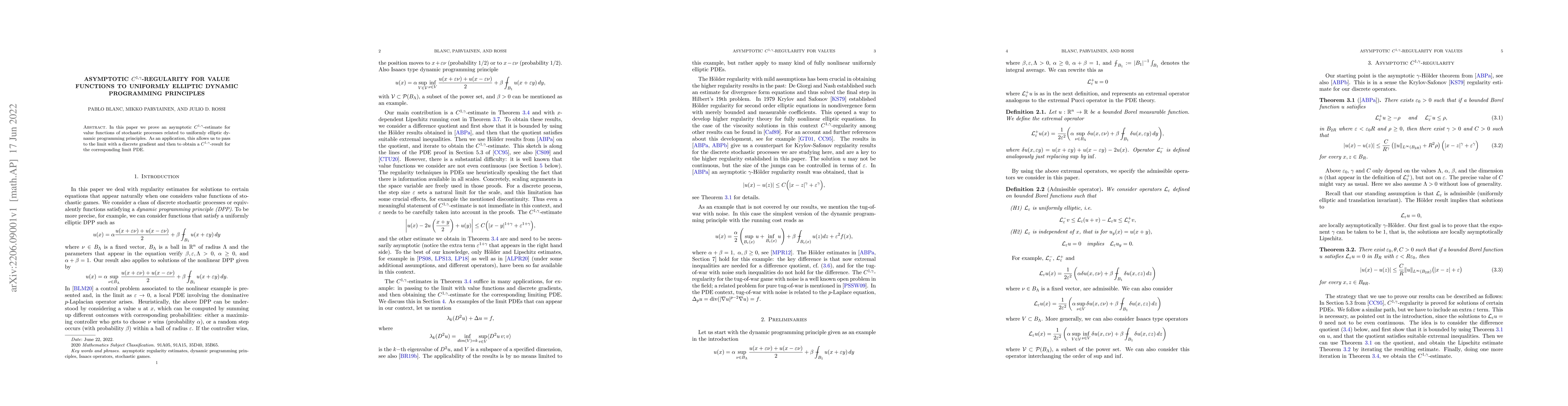Thumbnail for Asymptotic $C^{1,\gamma}$-regularity for value functions to uniformly
  elliptic dynamic programming principles