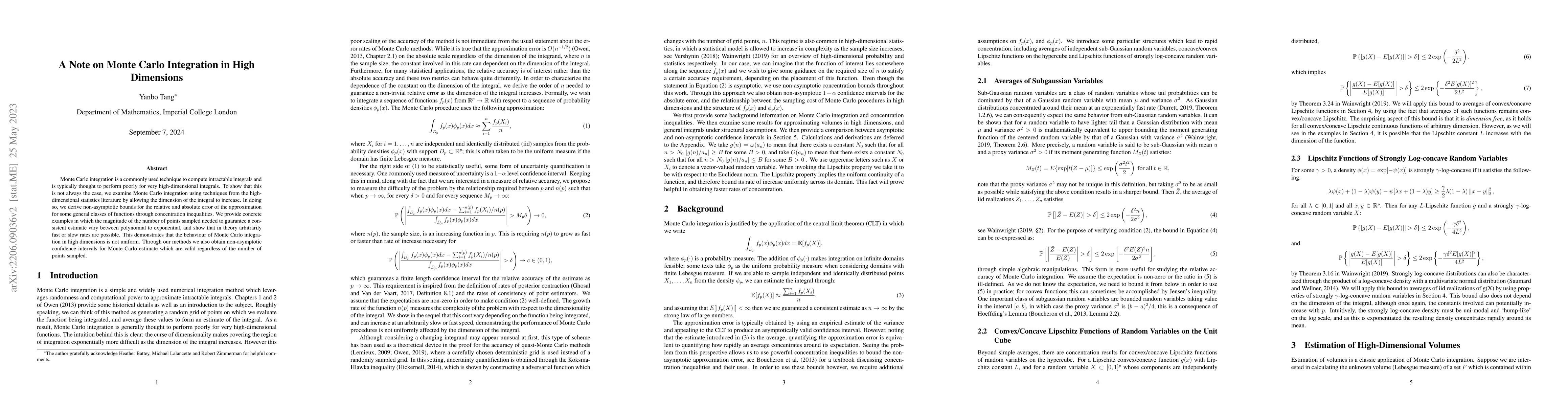 Thumbnail for A Note on Monte Carlo Integration in High Dimensions