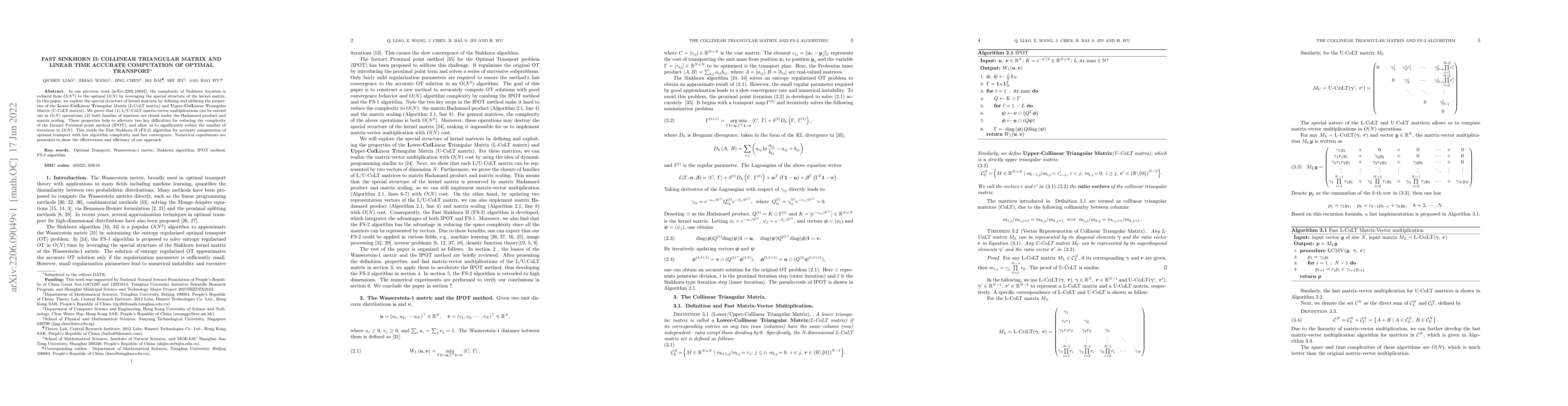 Thumbnail for Fast Sinkhorn II: Collinear Triangular Matrix and Linear Time Accurate
  Computation of Optimal Transport