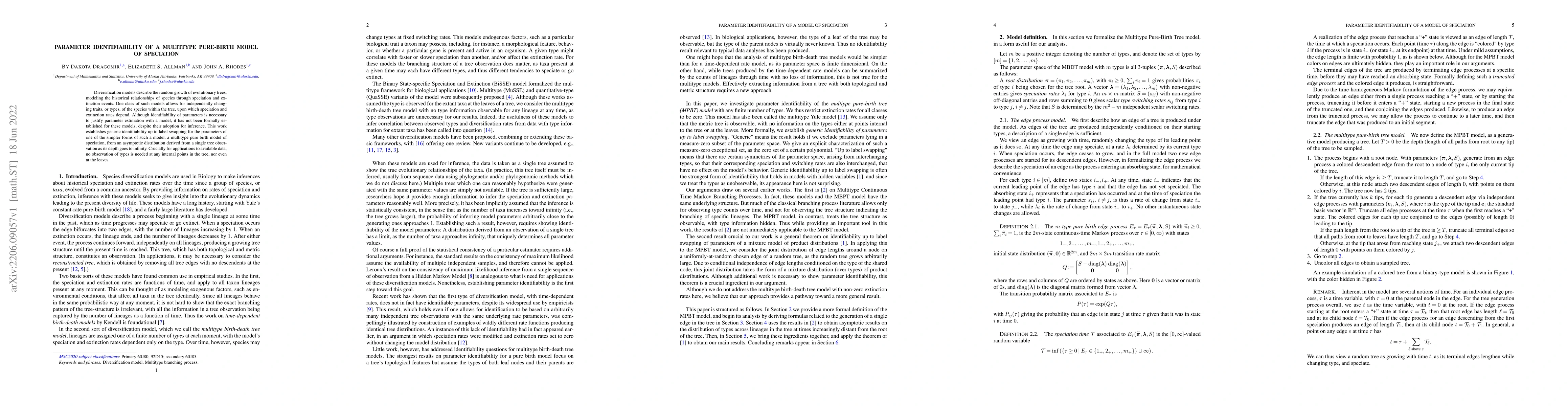 Thumbnail for Parameter Identifiability of a Multitype Pure-Birth Model of Speciation