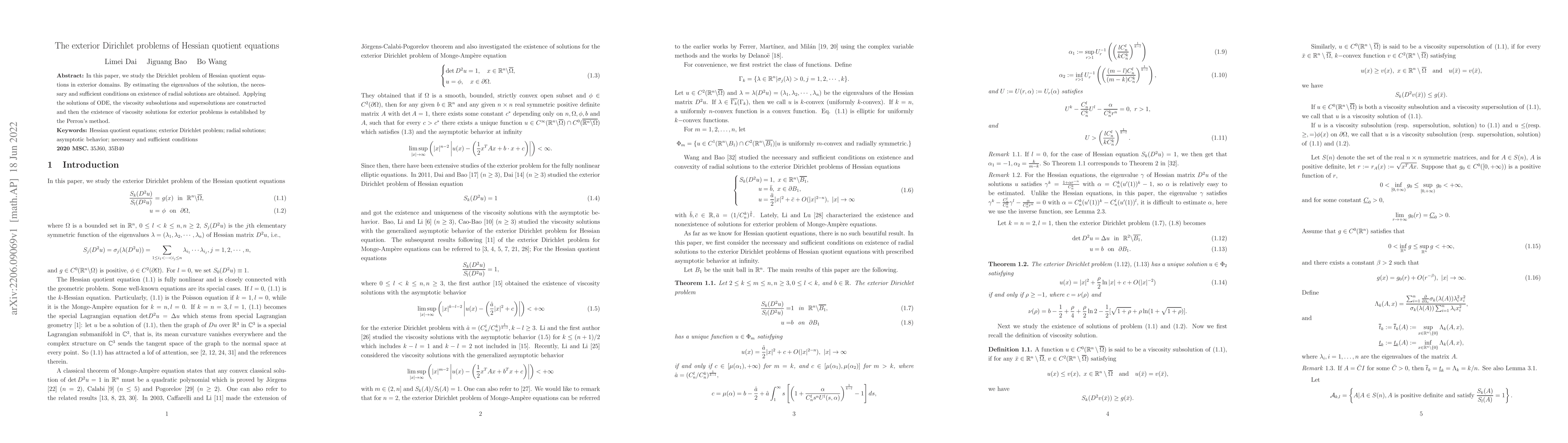 Thumbnail for The exterior Dirichlet problems of Hessian quotient equations