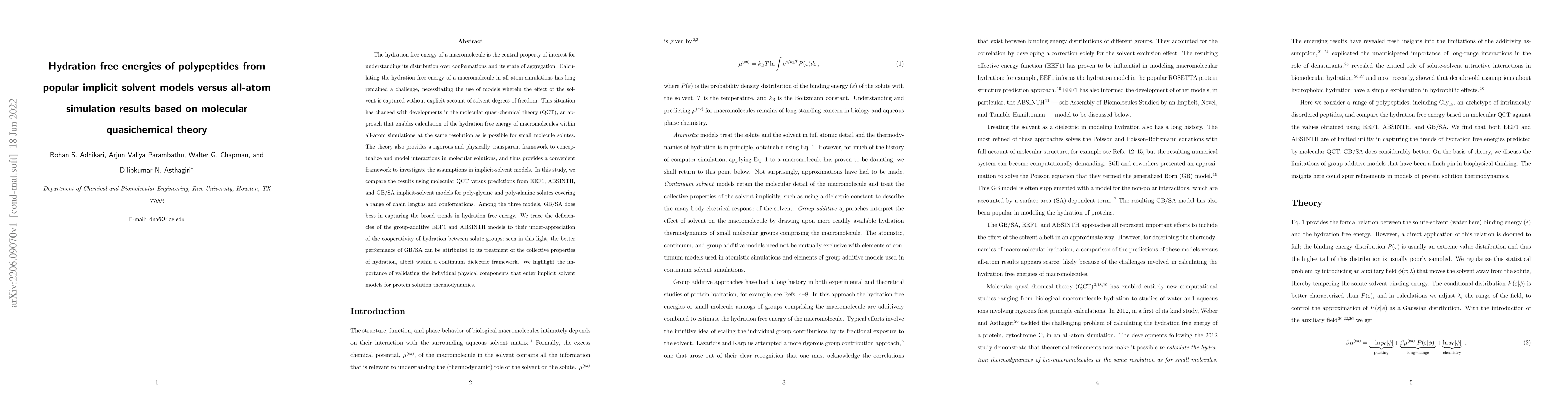 Thumbnail for Hydration free energies of polypeptides from popular implicit solvent
  models versus all-atom simulation results based on molecular quasichemical
  theory