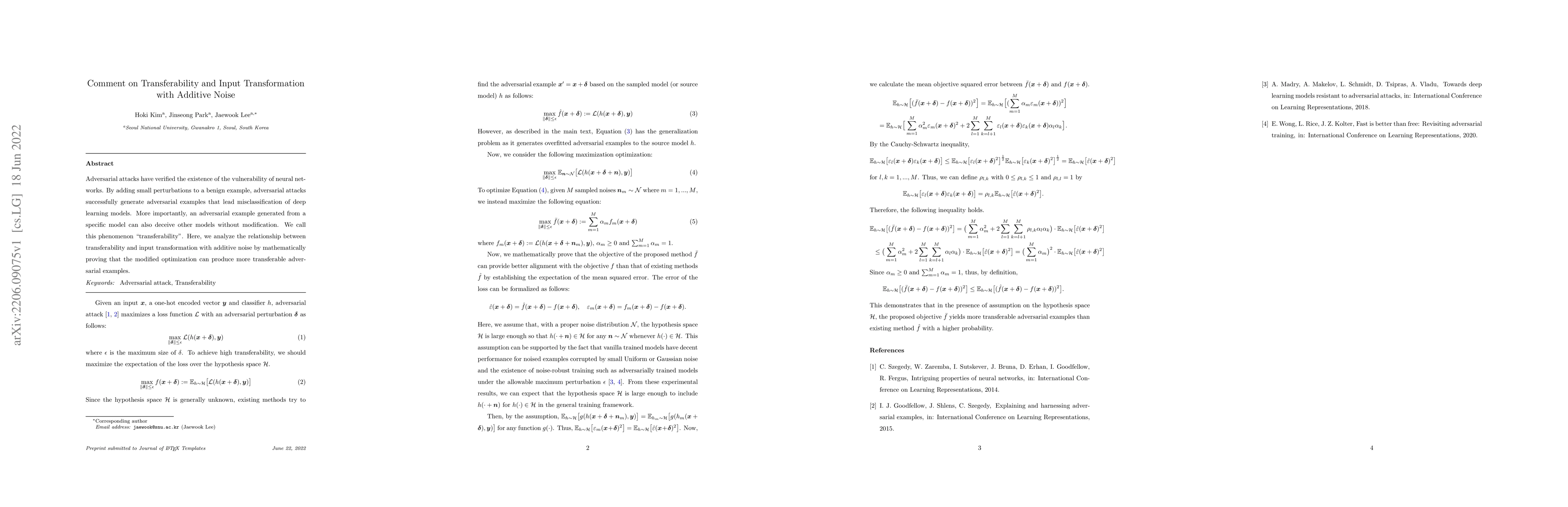 Thumbnail for Comment on Transferability and Input Transformation with Additive Noise