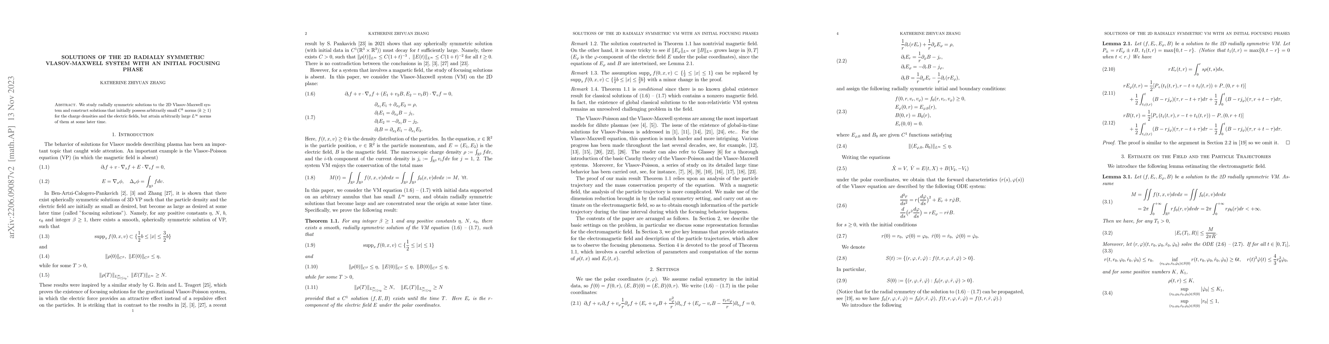 Thumbnail for Solutions of the 2D Radially Symmetric Vlasov-Maxwell System with an
  Initial Focusing Phase