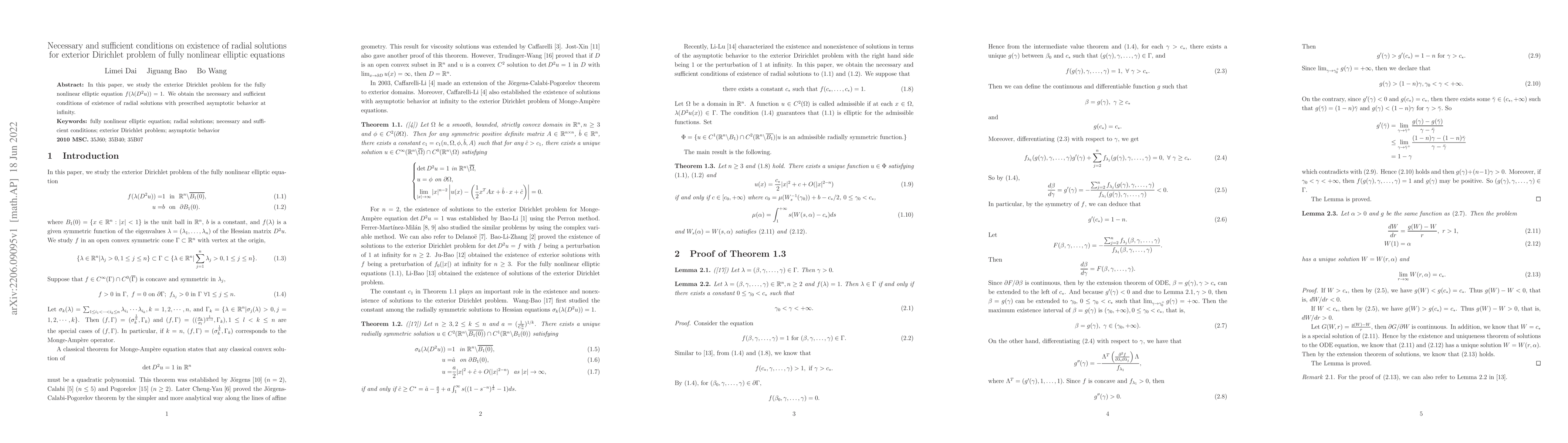 Thumbnail for Necessary and sufficient conditions on existence of radial solutions for
  exterior Dirichlet problem of fully nonlinear elliptic equations