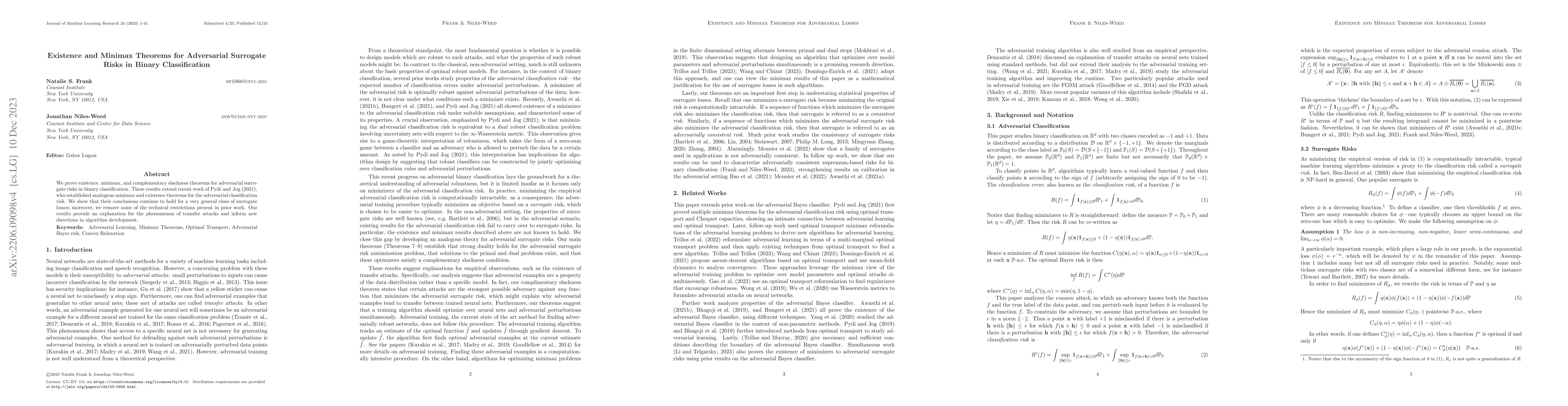 Thumbnail for Existence and Minimax Theorems for Adversarial Surrogate Risks in Binary
  Classification