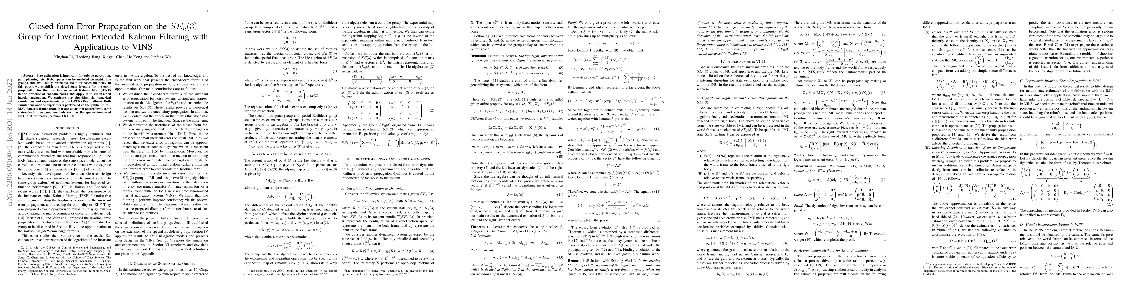 Thumbnail for Closed-form Error Propagation on the SE_n(3) Group for Invariant
  Extended Kalman Filtering with Applications to VINS