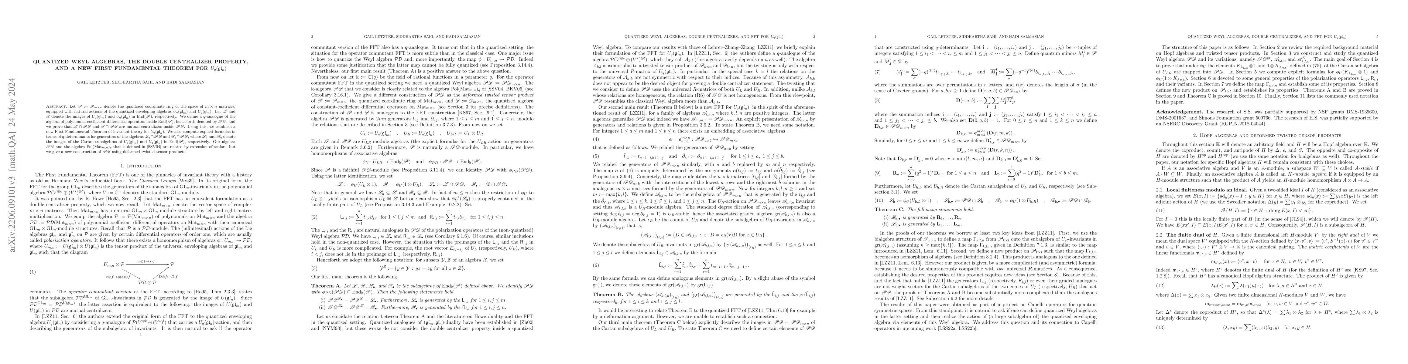 Thumbnail for Quantized Weyl algebras, the double centralizer property, and a new
  First Fundamental Theorem for $U_q(\mathfrak{gl}_n)$