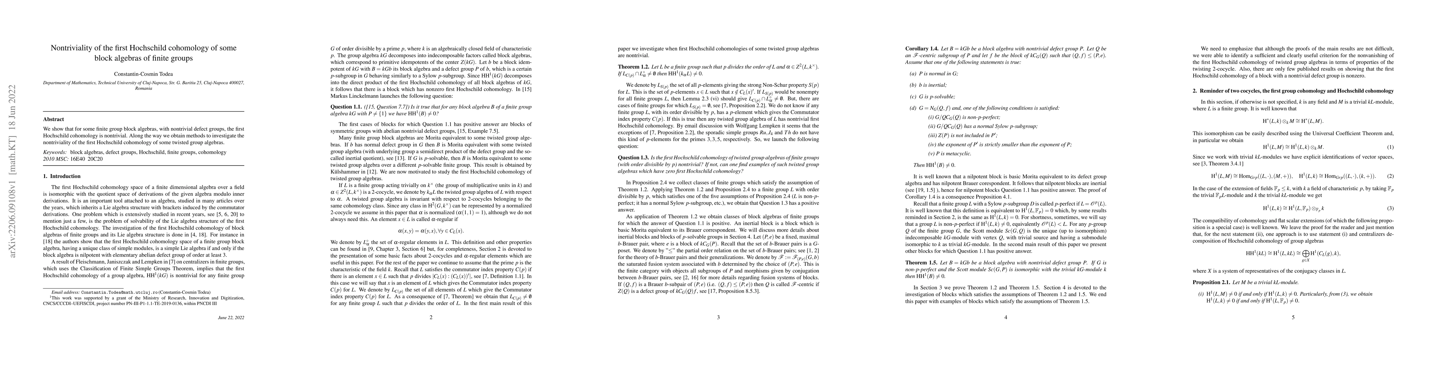 Thumbnail for Nontriviality of the first Hochschild cohomology of some block algebras
  of finite groups