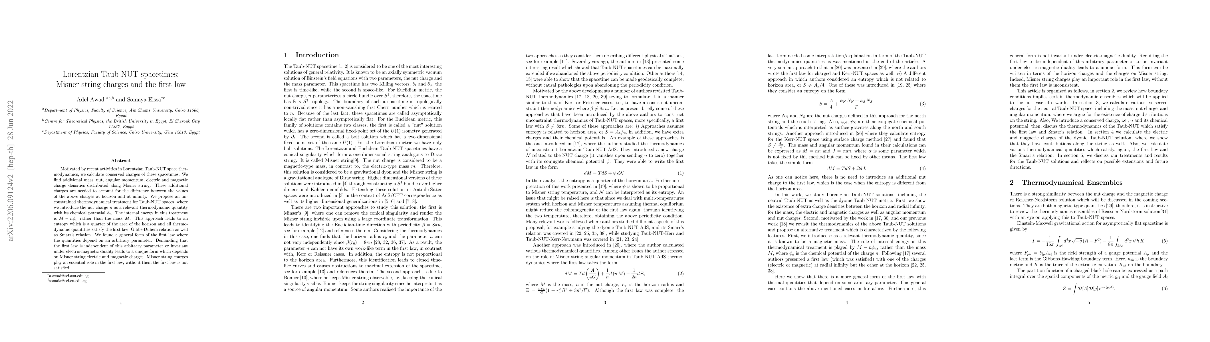 Thumbnail for Lorentzian Taub-NUT spacetimes: Misner string charges and the first law