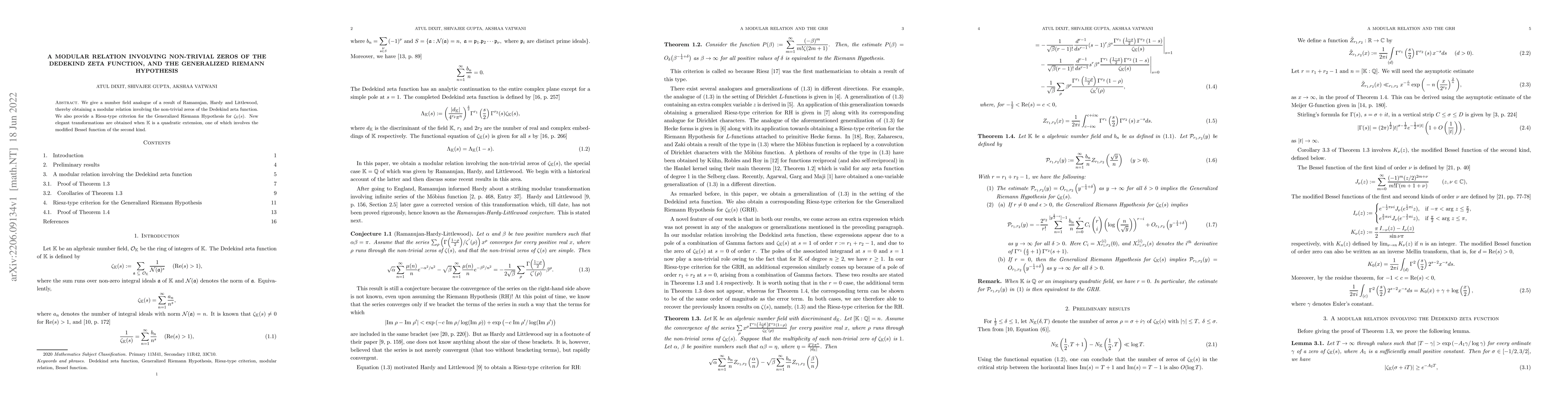 Thumbnail for A modular relation involving non-trivial zeros of the Dedekind zeta
  function, and the Generalized Riemann Hypothesis