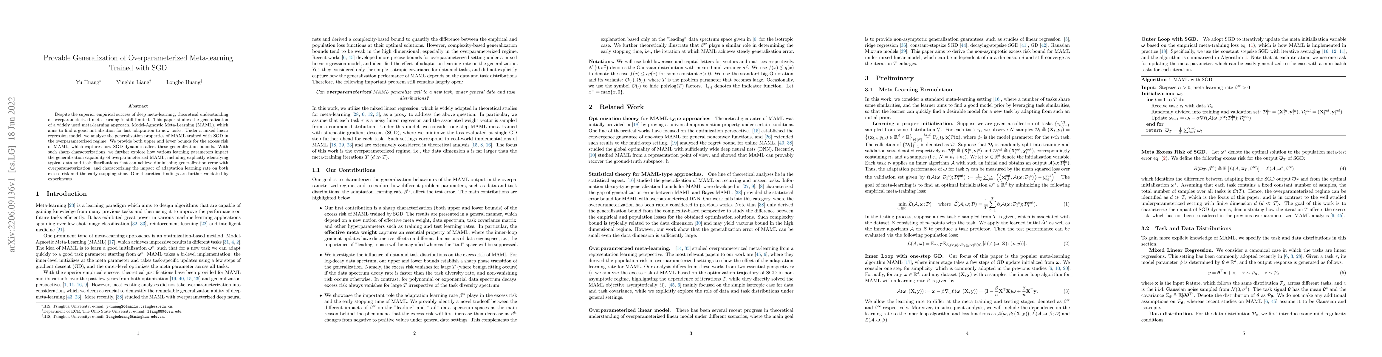 Thumbnail for Provable Generalization of Overparameterized Meta-learning Trained with
  SGD