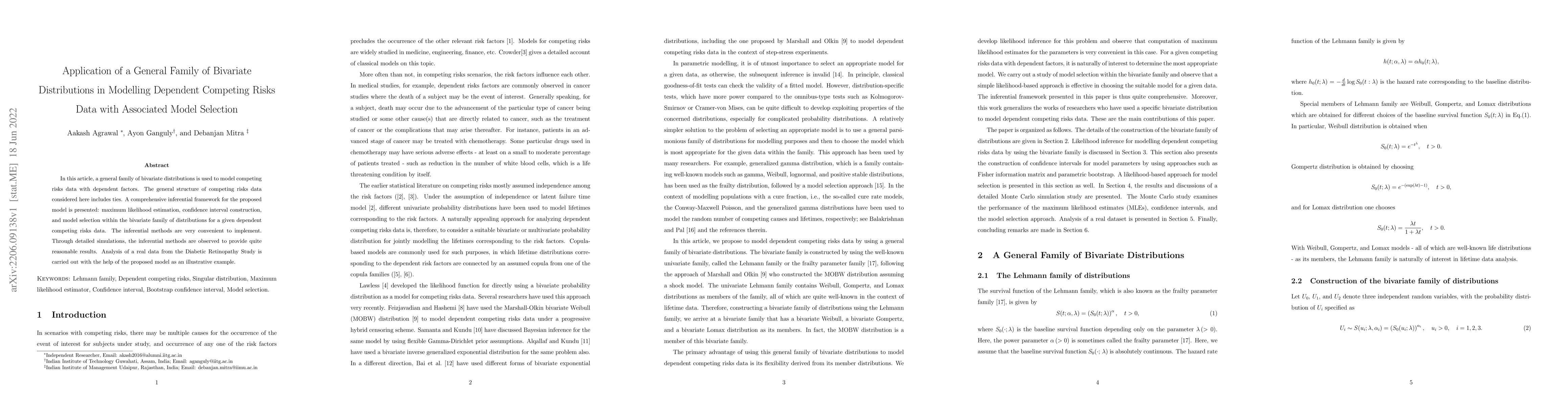 Thumbnail for Application of a General Family of Bivariate Distributions in Modelling
  Dependent Competing Risks Data with Associated Model Selection