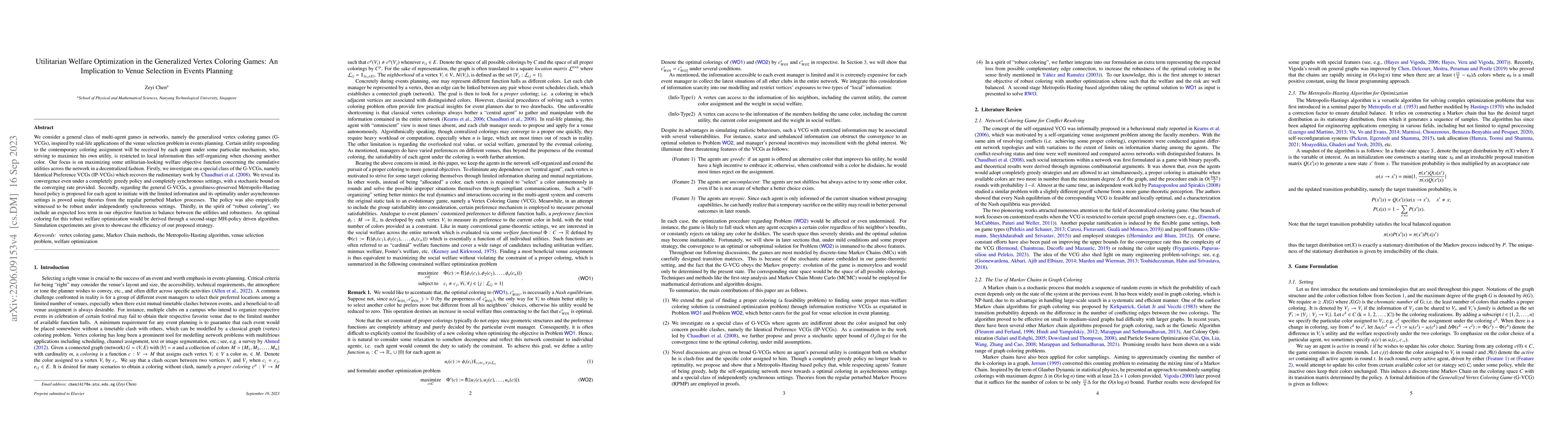 Thumbnail for Utilitarian Welfare Optimization in the Generalized Vertex Coloring
  Games: An Implication to Venue Selection in Events Planning