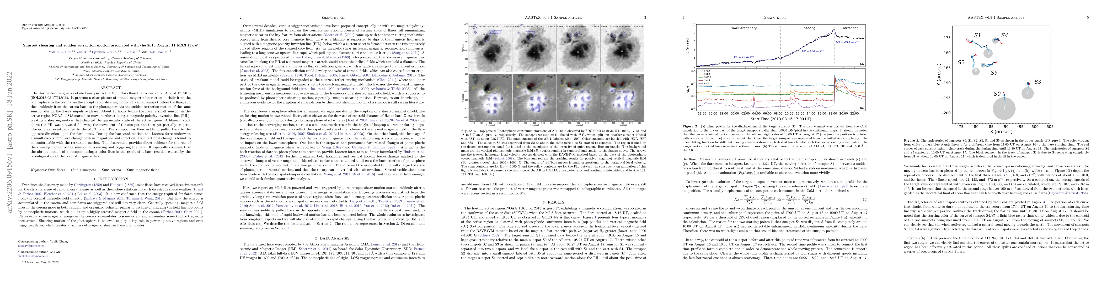 Thumbnail for Sunspot shearing and sudden retraction motion associated with the 2013
  August 17 M3.3 Flare