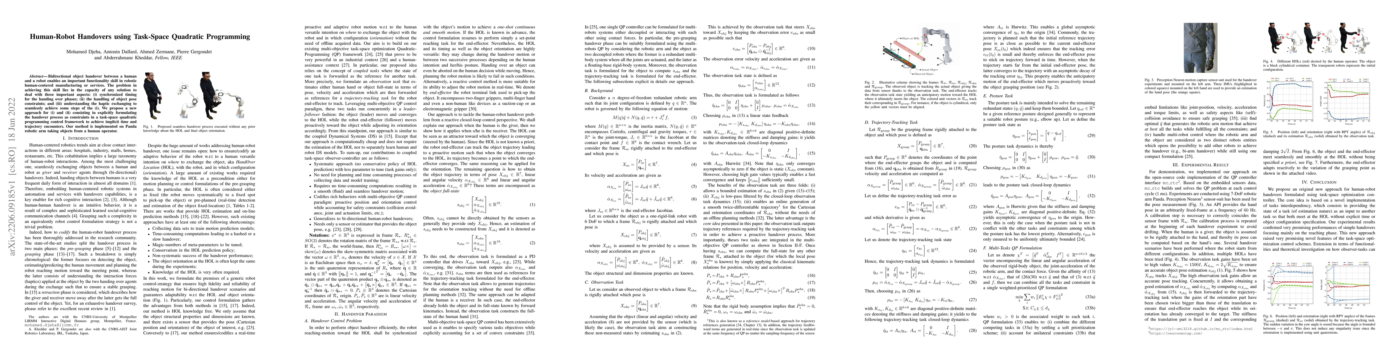 Thumbnail for Human-Robot Handovers using Task-Space Quadratic Programming