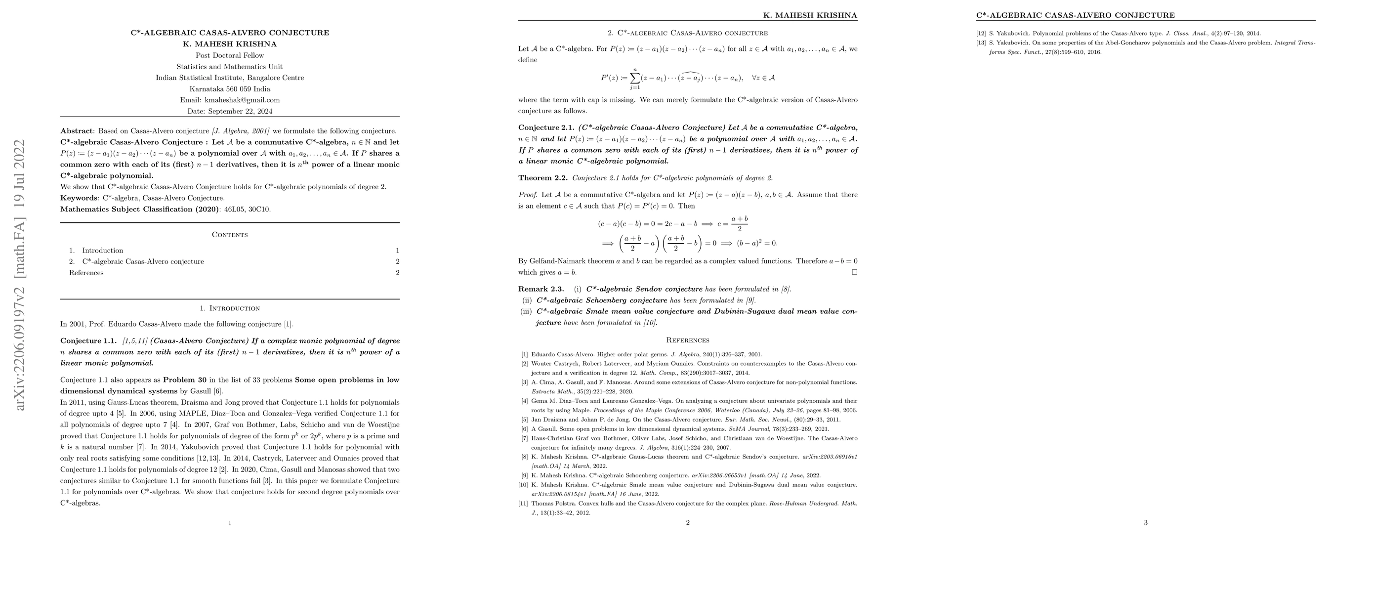Thumbnail for C*-algebraic Casas-Alvero Conjecture