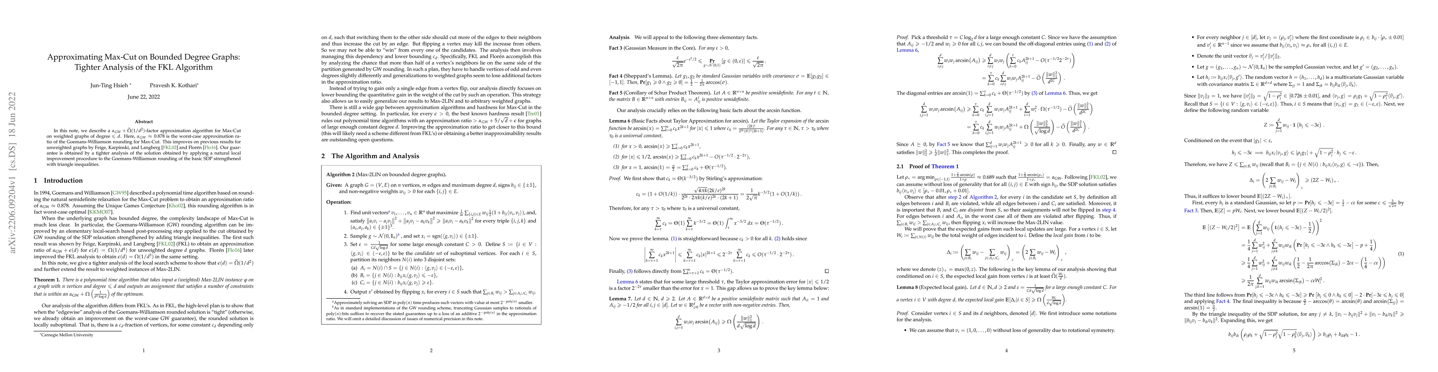 Thumbnail for Approximating Max-Cut on Bounded Degree Graphs: Tighter Analysis of the
  FKL Algorithm