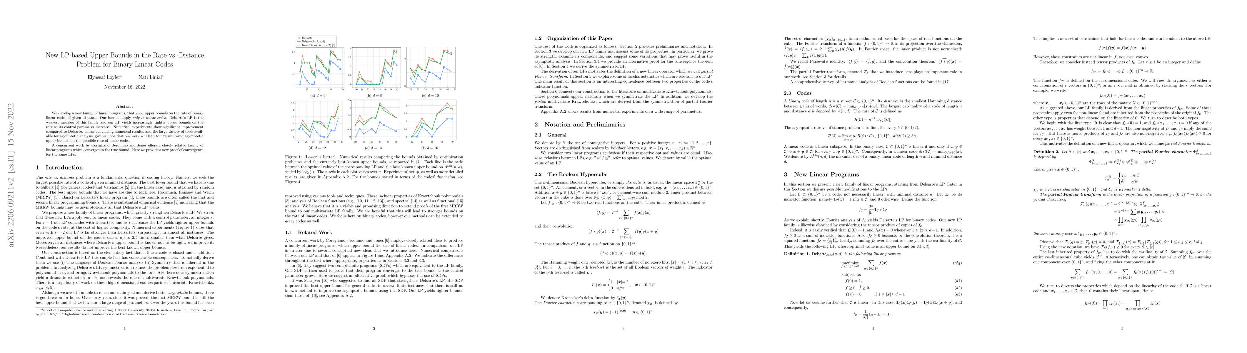 Thumbnail for New LP-based Upper Bounds in the Rate-vs.-Distance Problem for Linear
  Codes