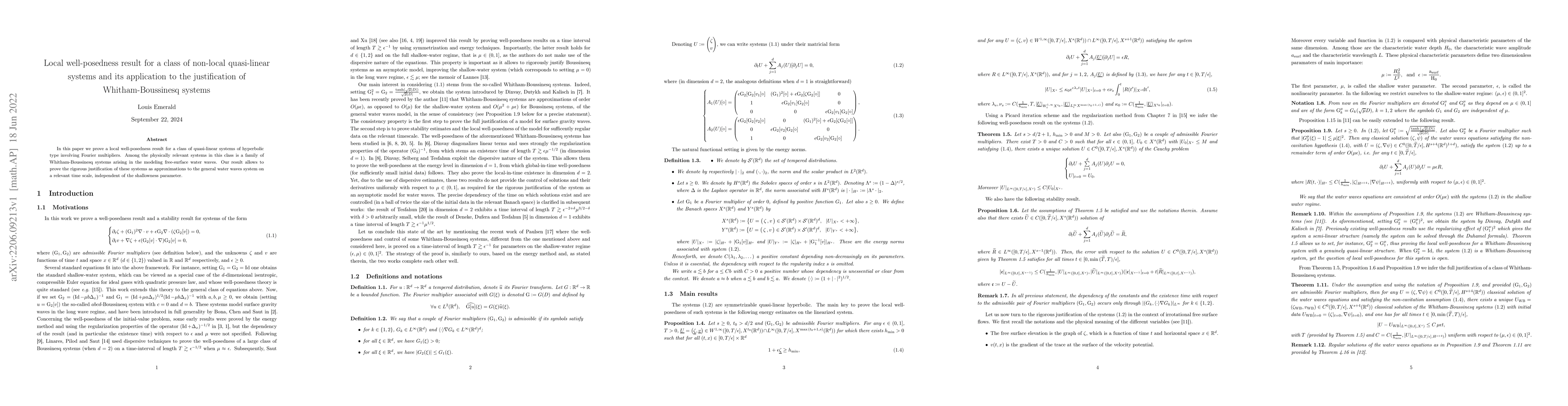Thumbnail for Local well-posedness result for a class of non-local quasi-linear
  systems and its application to the justification of Whitham-Boussinesq
  systems