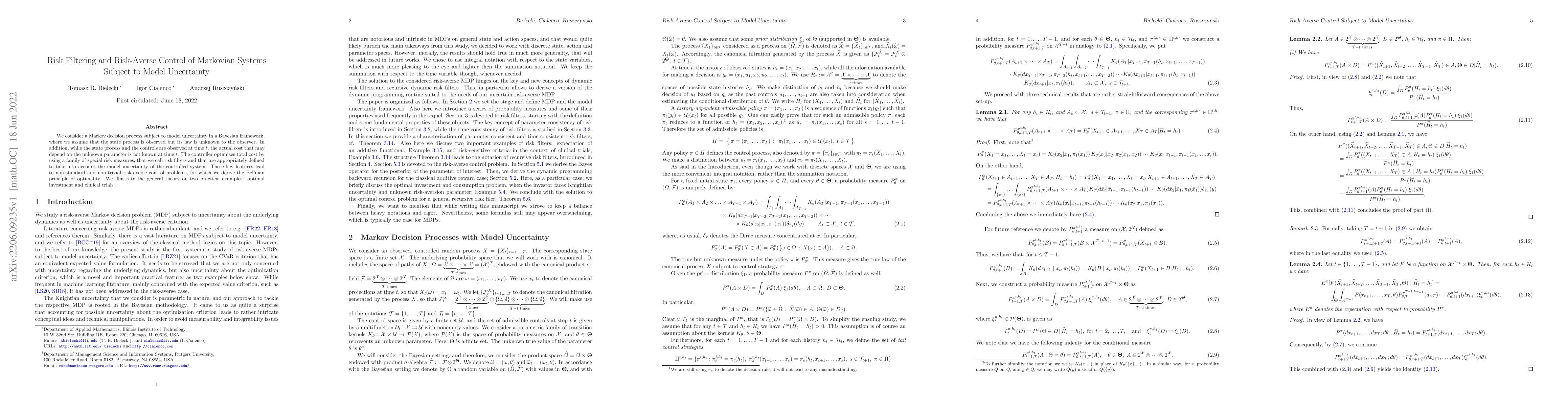 Thumbnail for Risk Filtering and Risk-Averse Control of Markovian Systems Subject to
  Model Uncertainty