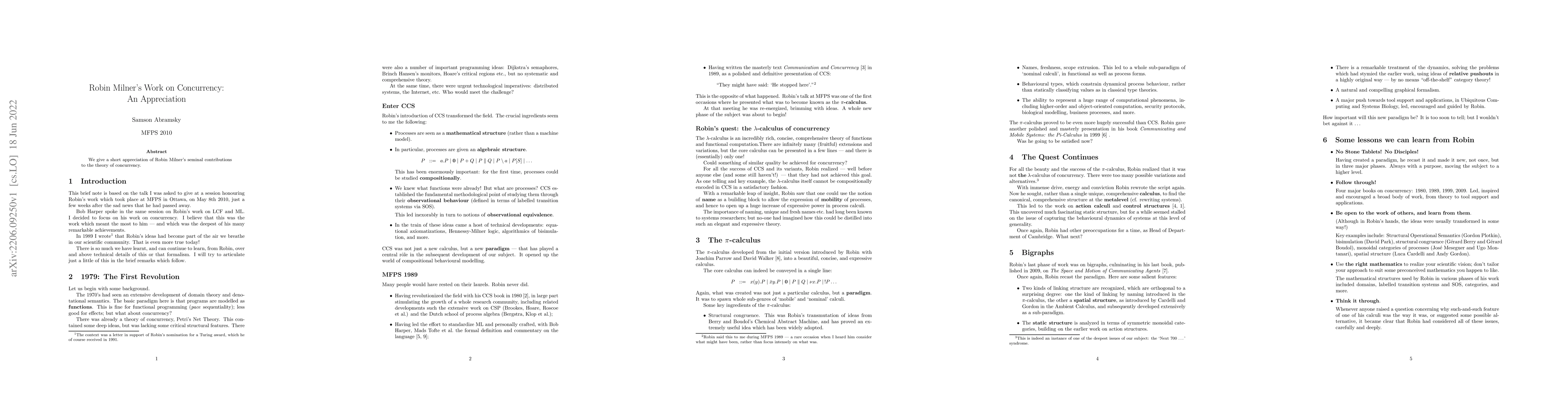 Thumbnail for Robin Milner's Work on Concurrency: An Appreciation
