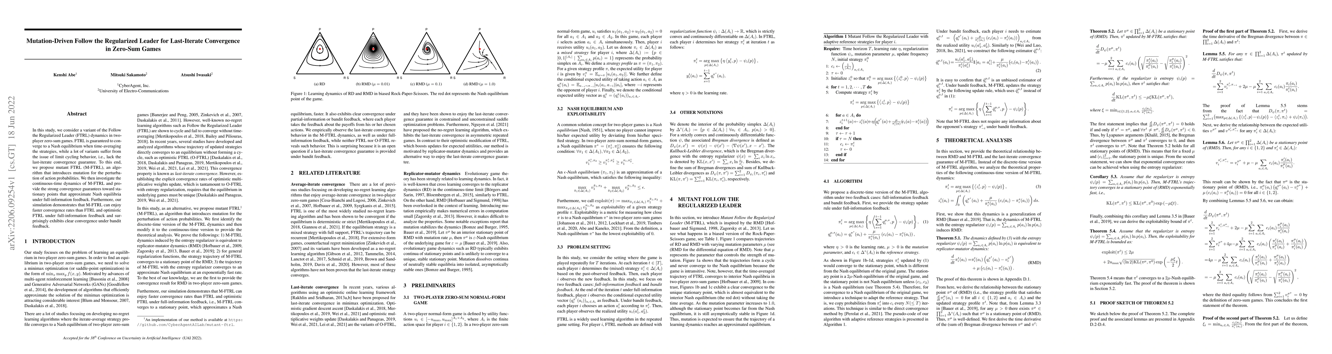 Thumbnail for Mutation-Driven Follow the Regularized Leader for Last-Iterate
  Convergence in Zero-Sum Games