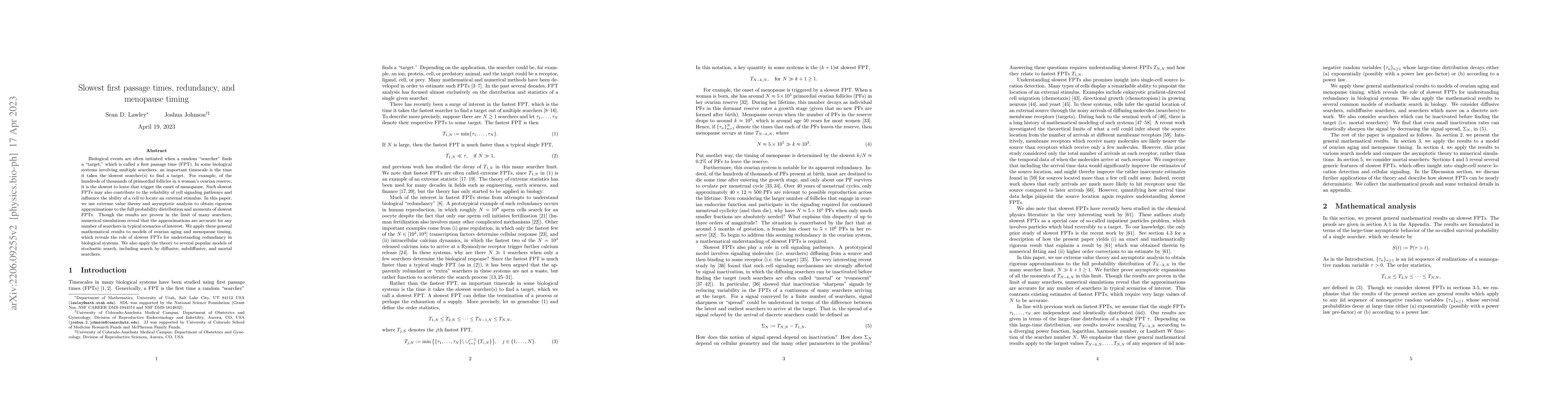 Thumbnail for Slowest first passage times, redundancy, and menopause timing
