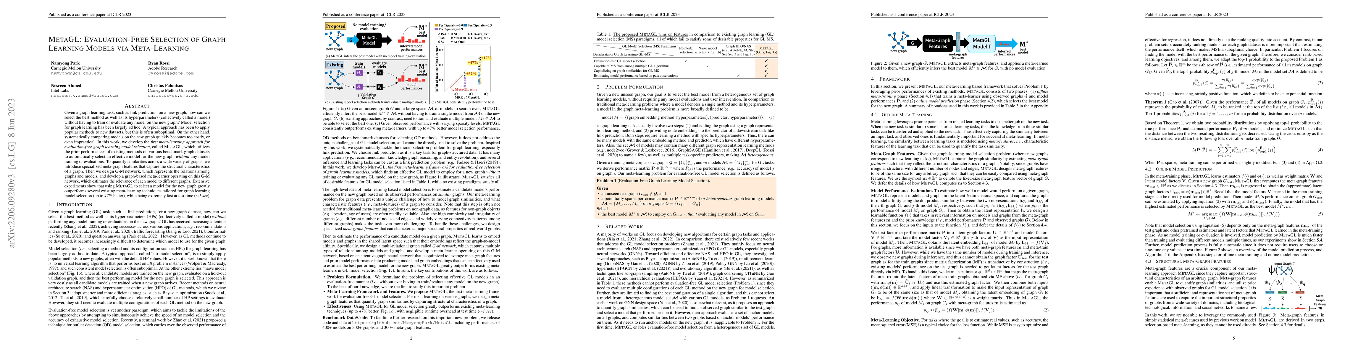Thumbnail for MetaGL: Evaluation-Free Selection of Graph Learning Models via
  Meta-Learning