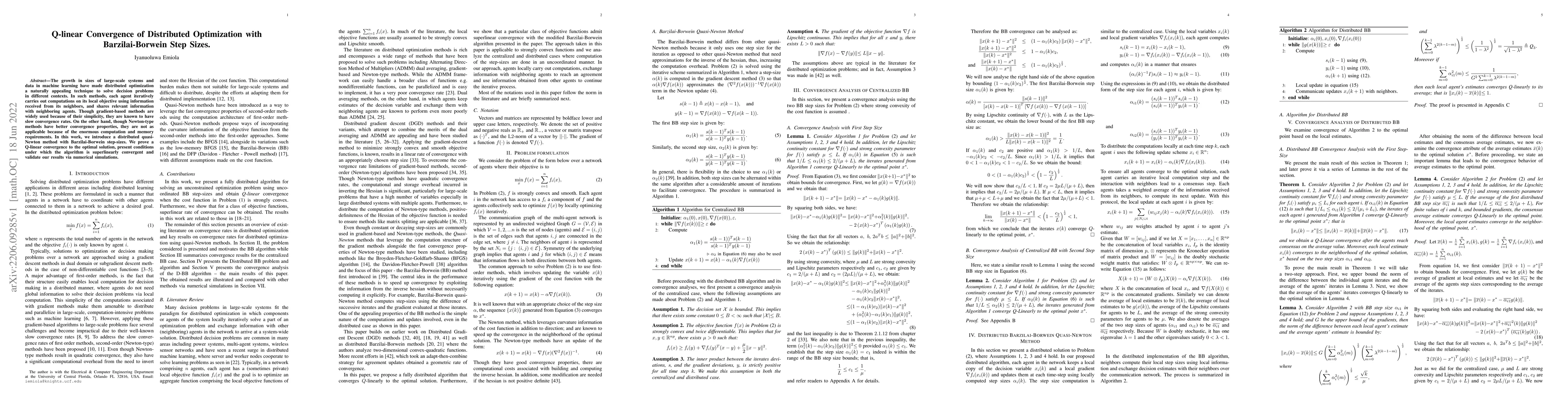 Thumbnail for Q-linear Convergence of Distributed Optimization with Barzilai-Borwein
  Step Sizes