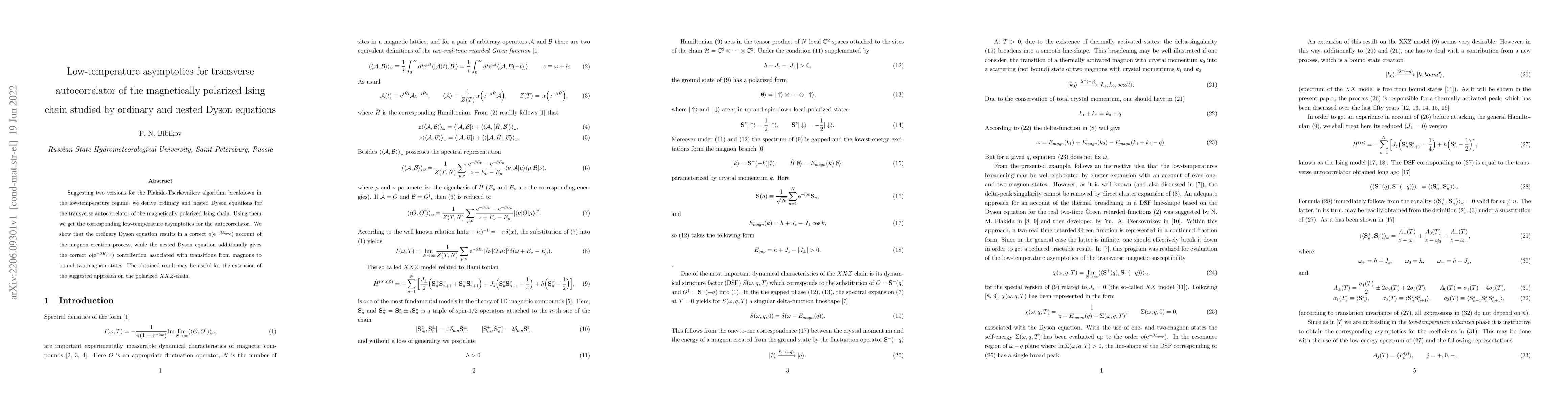 Thumbnail for Low-temperature asymptotics for transverse autocorrelator of the
  magnetically polarized Ising chain studied by ordinary and nested Dyson
  equations