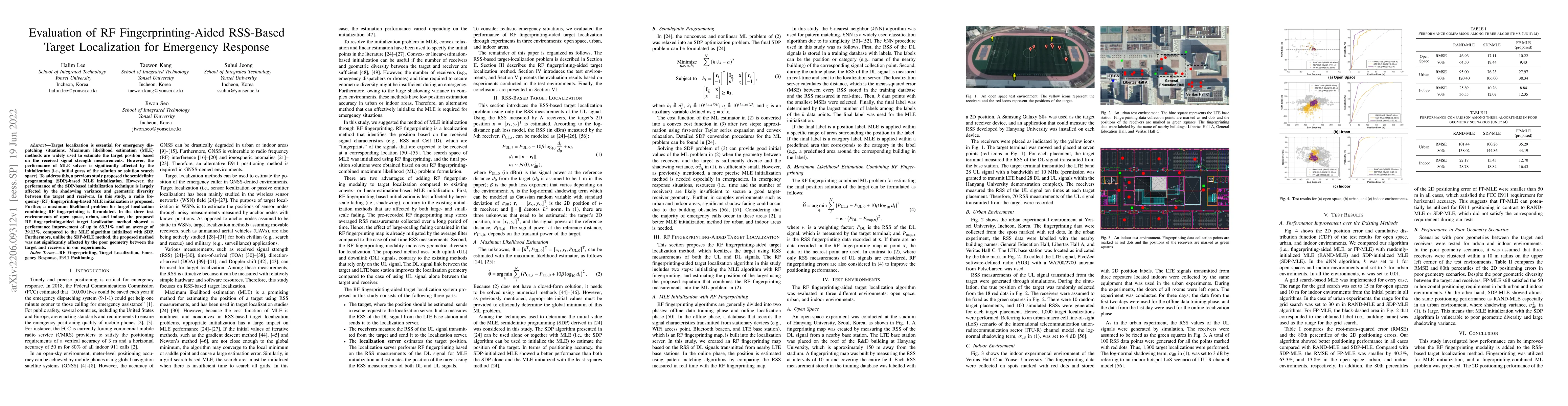 Thumbnail for Evaluation of RF Fingerprinting-Aided RSS-Based Target Localization for
  Emergency Response