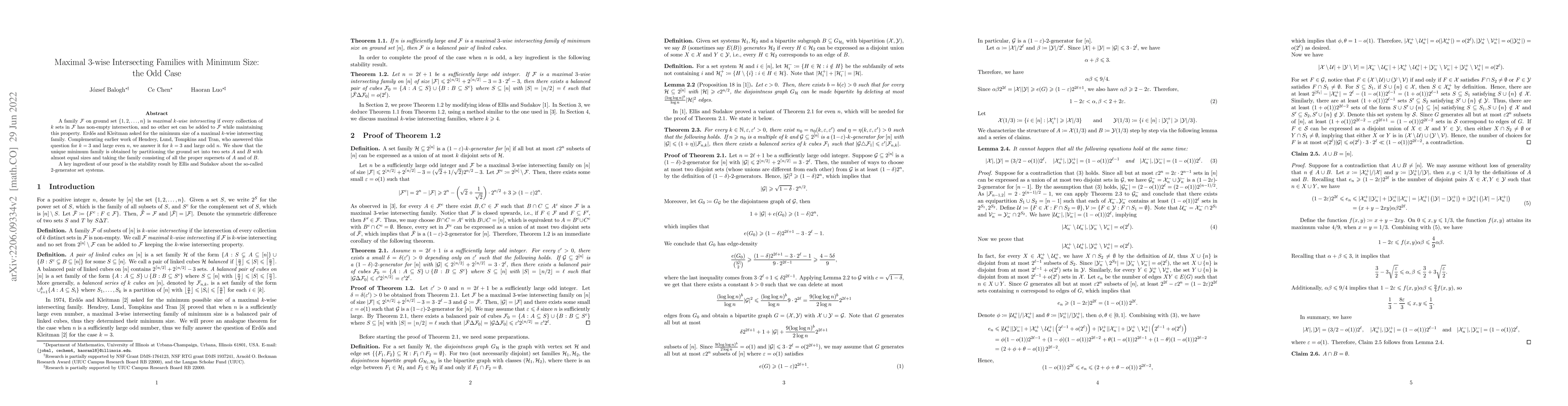 Thumbnail for Maximal 3-wise Intersecting Families with Minimum Size: the Odd Case
