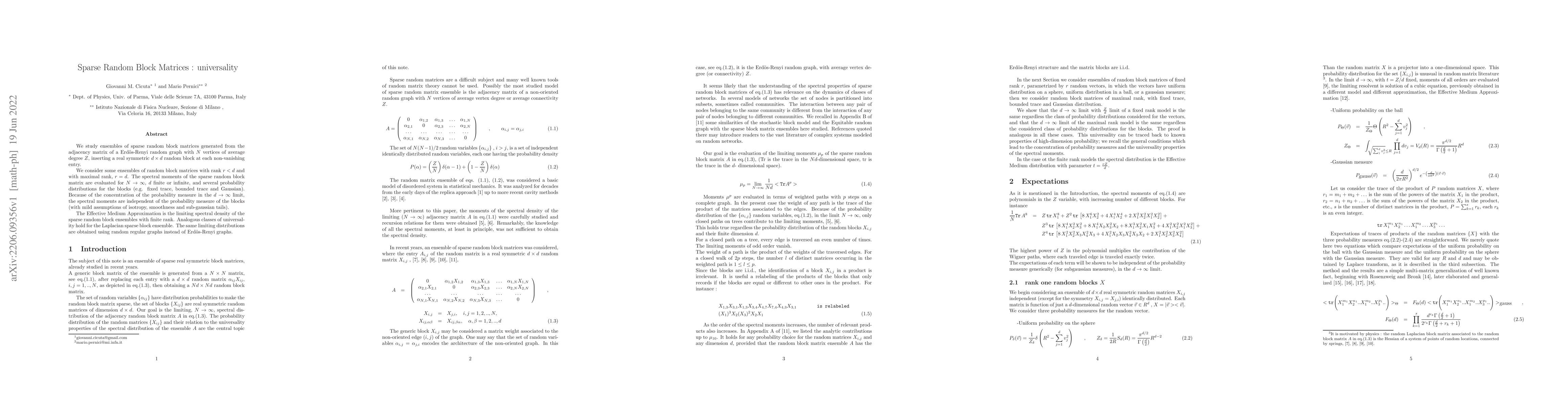 Thumbnail for Sparse Random Block Matrices : universality