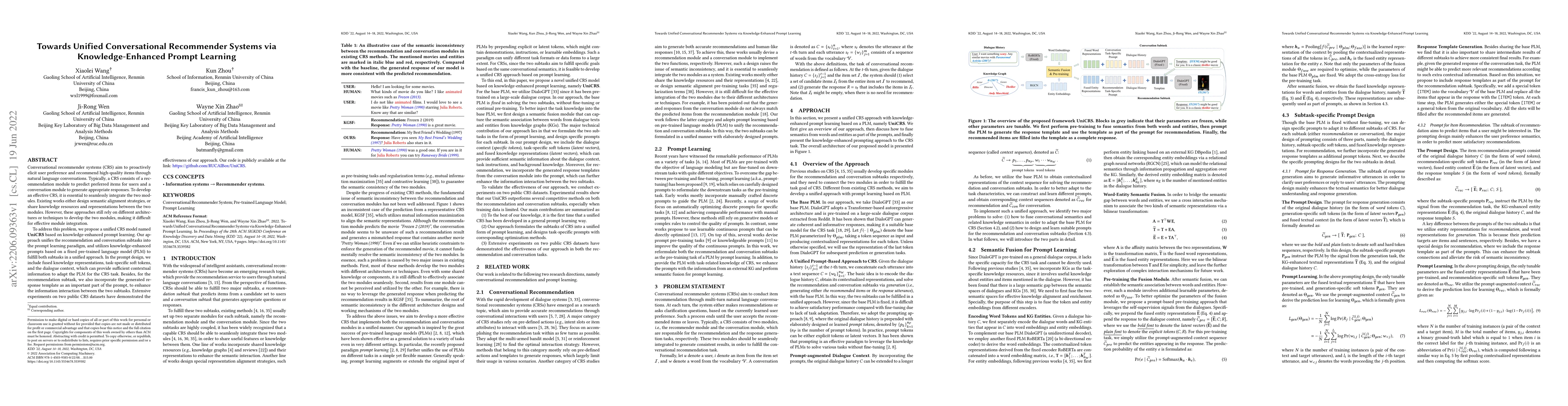 Thumbnail for Towards Unified Conversational Recommender Systems via
  Knowledge-Enhanced Prompt Learning
